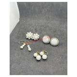 White beads 3 clip ons 1 hanging earrings