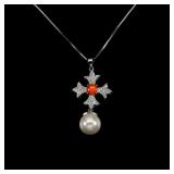 925 Sterling Silver Necklace Round Orange Opal Mot