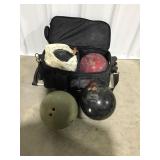 4 bowling balls & 1 carrier w/pins