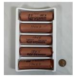 (5) Rolls Wheat Back Pennies. 1945