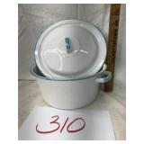 Teal over white enameled pot with lid