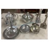 Pewter teapot, candlesticks more