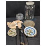 Heisey Glass Candy Dish, Jar, Coasters, and Access