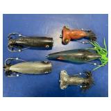 Group of five vintage rubber Burk lures