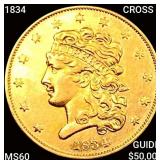 1834 CROSS 4 $5 Gold Half Eagle UNCIRCULATED