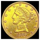 1880 $5 Gold Half Eagle CLOSELY UNCIRCULATED