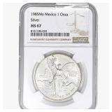 1985Mo 1oz. Silver Mexicanos Onza NGC MS67