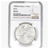 1985Mo 1oz. Silver Mexicanos Onza NGC MS67