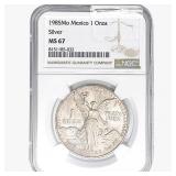 1985Mo 1oz. Silver Mexicanos Onza NGC MS67