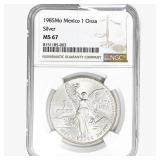 1985Mo 1oz. Silver Mexicanos Onza NGC MS67