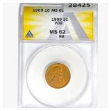 1909 VDB Wheat Cent ANACS MS62 RB