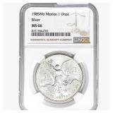 1985Mo 1oz. Silver Mexicanos Onza NGC MS66