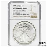 1992 Silver Eagle NGC MS69 OBV Struck Thru Mint