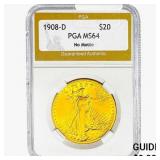 1908-D $20 Gold Double Eagle PGA MS64 NO MOTTO