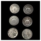 [6] Varied US Nickels ((3) 1867, 1869, 1937,