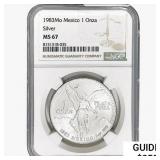 1983Mo 1oz. Silver Mexicanos Onza NGC MS67