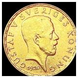 1920 Sweden 5 Kronor Gold .0646oz AGW CLOSELY UNCI