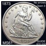 1873 No Arrows Open 3 Seated Liberty Half Dollar U