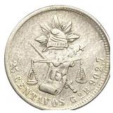 1889 Go R Mexico Silver 25 Centavos Balanza AU