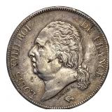 1824-A France Silver 5 Francs Louis XVIII XF