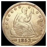 1853 Arr. Rays Seated Liberty Quarter ABOUT UNCIRC