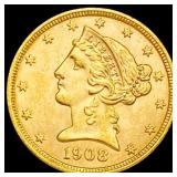 1908 $5 Gold Half Eagle UNCIRCULATED