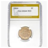 1864 Two Cent Piece PGA MS64 RED