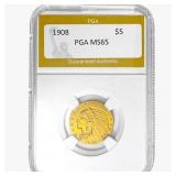 1908 $5 Gold Half Eagle PGA MS65