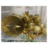 Selection of gold plastic Christmas balls & box