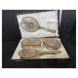 VINTAGE BOXED 5 PIECE PETIT POINT VANITY SET