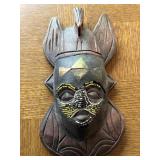 VINTAGE CARVED WOOD MASK W/ INLAID BEADS -