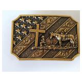 Brass Cowboy Kneeling at the Cross Belt Buckle