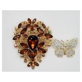 Amber Colored Brooch and Diamond Butterfly Brooch