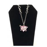 Pink Zirconia and Diamond Heart Pendant w/Chain