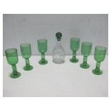 Glass Decanter W/ Six Green Glass Goblets 8.5"