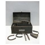 Metal Tool Box W/RR Spikes, Horse Shoes & Iron See