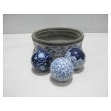 Stone & Ceramic Dish W/Three Glass Orbs See Info