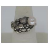 Vtg Modernist Sterling Silver Pearl RIng Hallmark