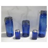 Five Blue Glass Jars Tallest 13"