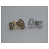 Two Vtg PJM Hallmarked Crystal Pave Bow Rings