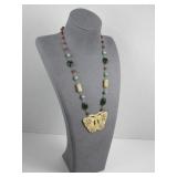 Multi Clored Beads Carved Bone Butteryfly Necklace