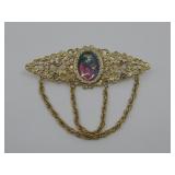 Vtg Gold Tone Fashion Costume Hanging Brooch