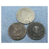 Indian Head Cent, V Nickel & Unreadable Coin