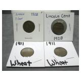 Four Lincoln Wheat Cents