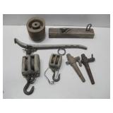 Vtg Pulleys, Wood Hat Block & Wood Work Items See