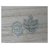 Two 1875 W.V.A. College Room No.4 Metal Pendants