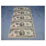 Five1976 Sequential 2 Dollar Bills W/Postage Stamp