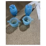 BLUE OPALESCENT HOB NAIL CUPS AND VASES