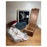 VTG LOT, ANGEL, LG ORNAMENT, BOOKENDS, WOOD BOX,