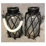 Pair of glass jars with rope, tie, design,